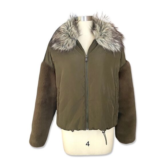Adrienne Landau olive green faux fur nylon hooded army bomber jacket winter M - Picture 3 of 9